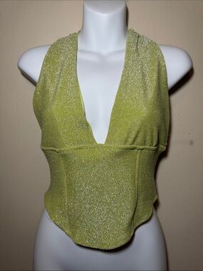 Olive Green Shimmery Halter V-Neck Blouse